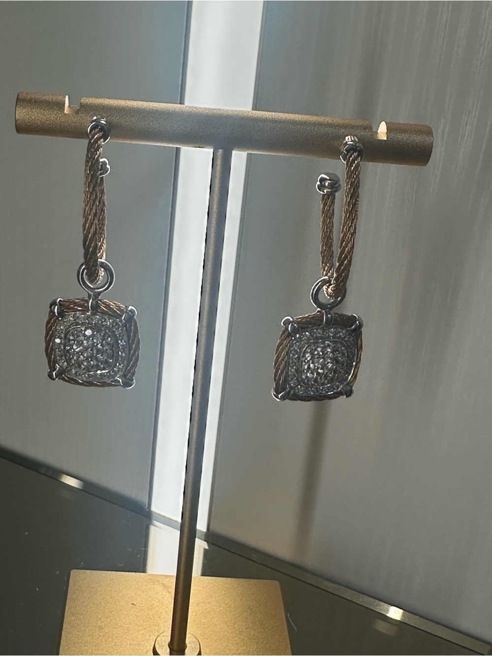 Two-Tone Yellow Gold and Silver Cable Drop Earrings with Pave Accents & Diamonds - Picture 8 of 9